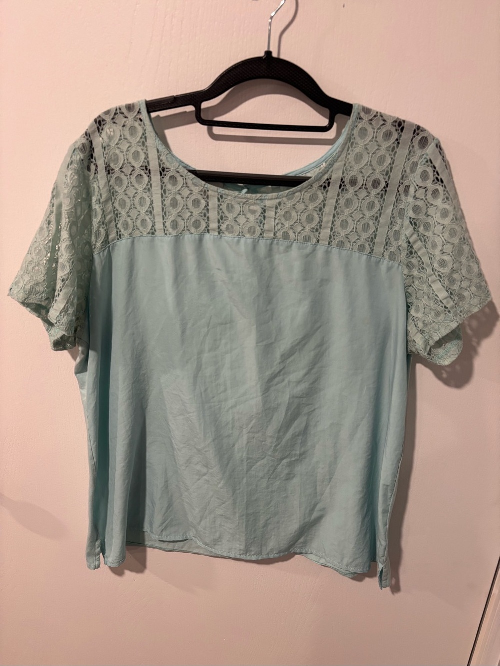 Van Heusen Mint Blue Lace Yoke Short Sleeve Top
